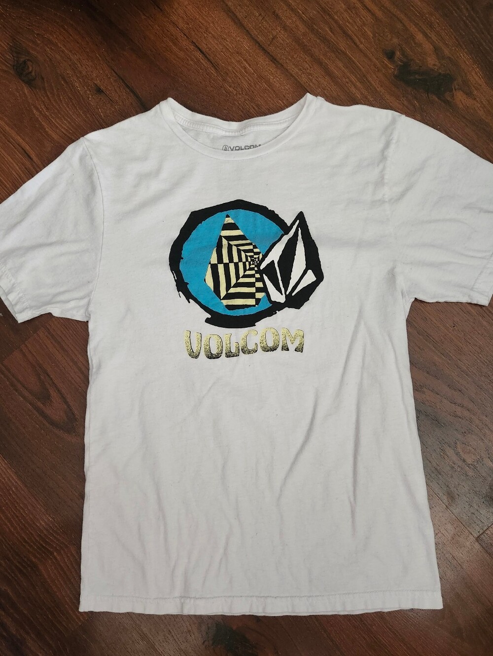 Volcom White Graphic Logo T-Shirt with Blue & Yellow Art